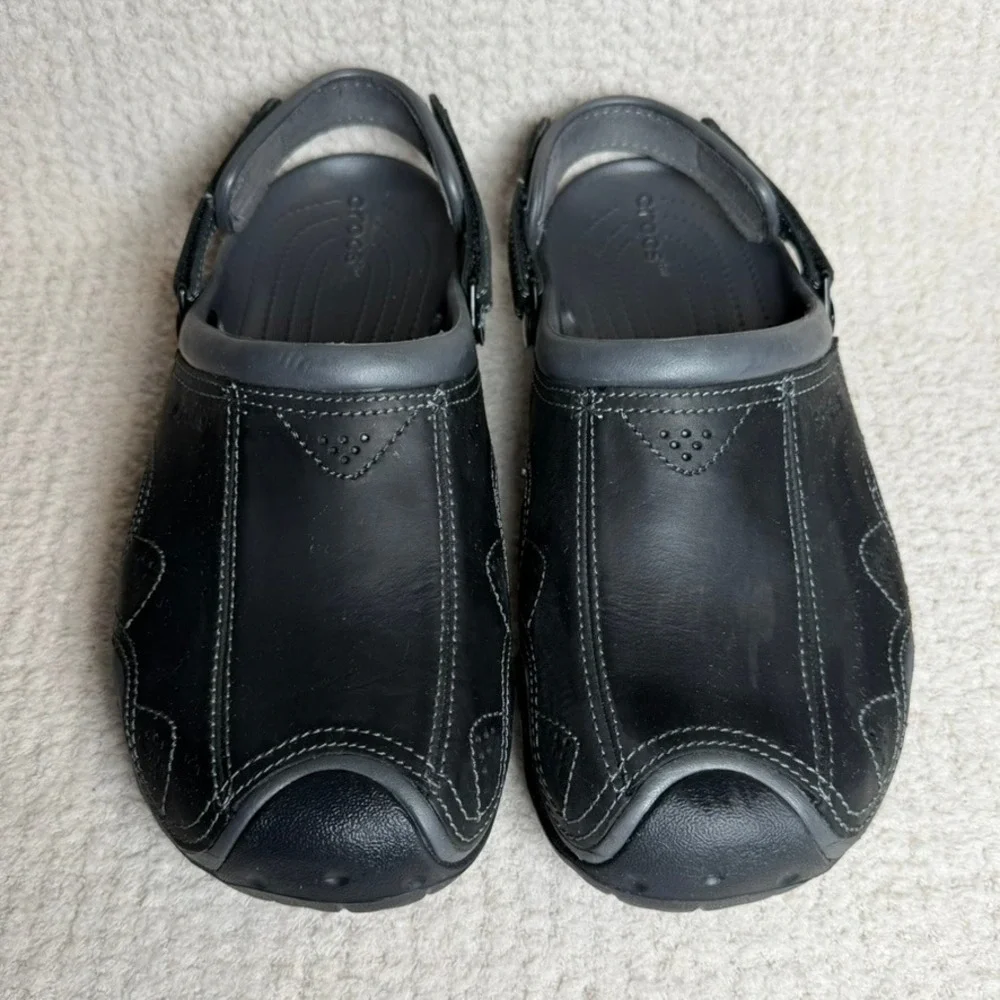 Crocs Men's Swiftwater Leather Clogs Black Gray Adjustable Strap Shoes Size 12